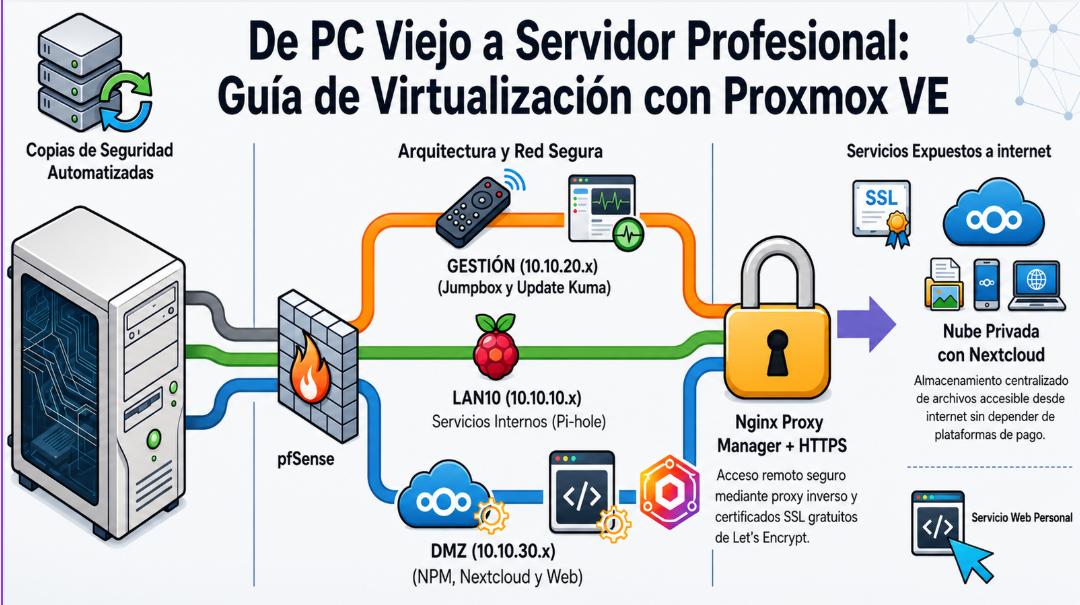 Infografía de arquitectura del proyecto Homelab con Proxmox VE, pfSense, DMZ, Nginx Proxy Manager, Nextcloud, Pi-hole, Uptime Kuma y copias de seguridad